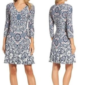 Eliza J Multicolor Printed A-Line 3/4 Sleeve V-Neck Dress Size 16 NWOT